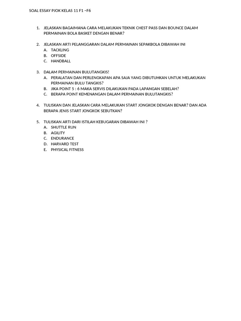 5 Soal Essay PJOK Kelas 11 Semester 1 yang Sering Muncul di STS 2026, Wajib Kamu Kuasai