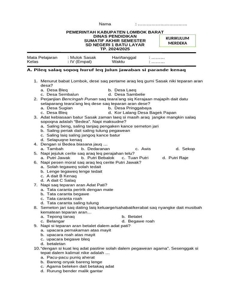 Ujian Mulok Bahasa Sasak Kelas 5 PDF