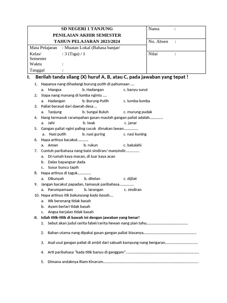 Penilaian Bahasa Banjar Kelas 1 SD PDF Penilaian Bahasa Banjar Kelas 1 SD PDF