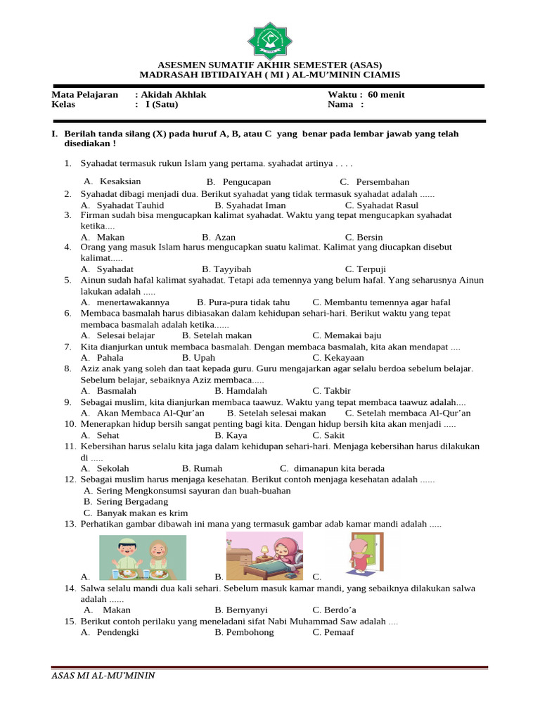 Soal Akidah Akhlak Kelas I MI Al-Mu minin PDF Soal Akidah Akhlak Kelas I MI Al-Mu minin PDF