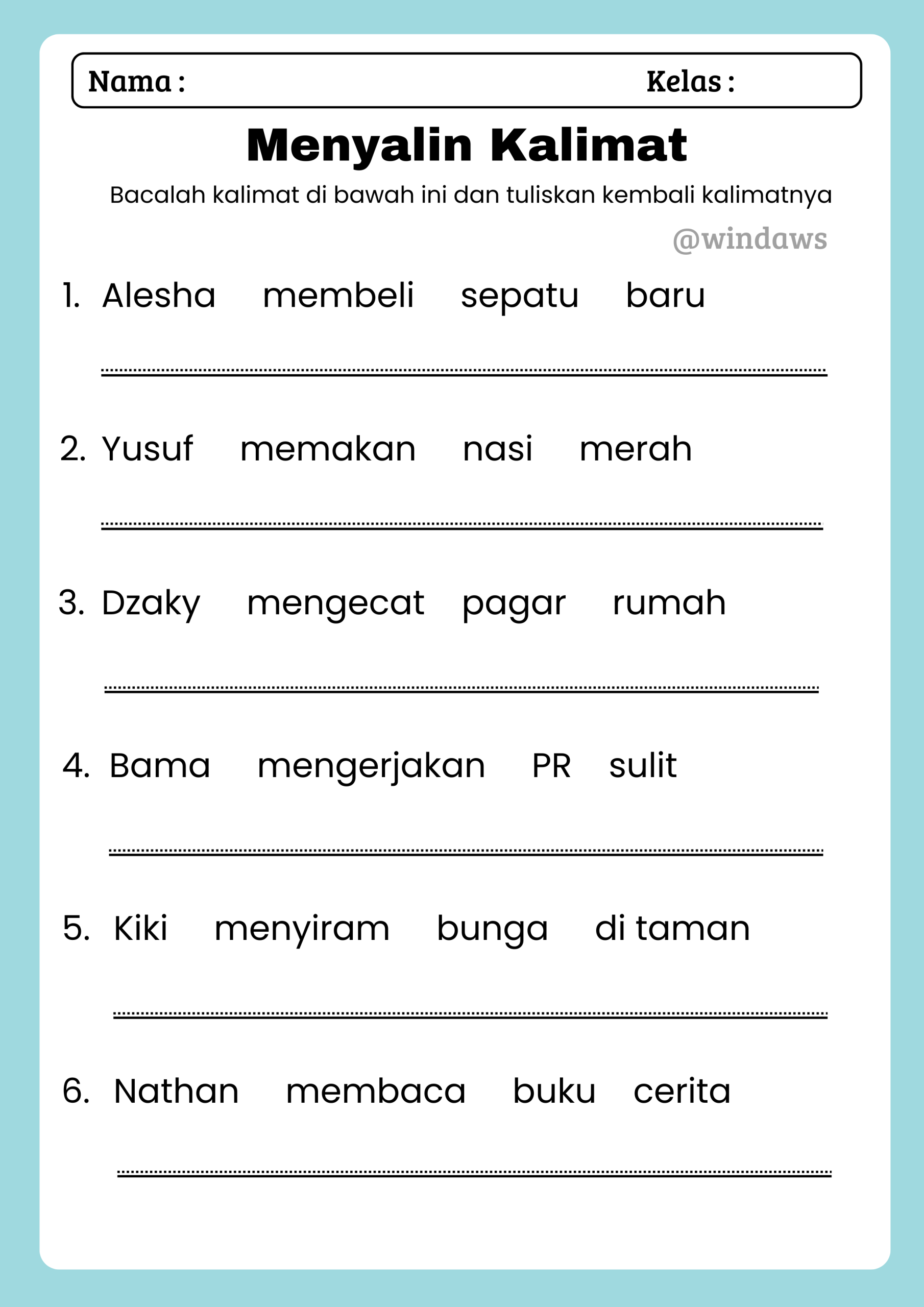 MENYALIN KALIMAT Menyalin kalimat anak tk Latihan menulis Worksheet MENYALIN KALIMAT Menyalin kalimat anak tk Latihan menulis Worksheet