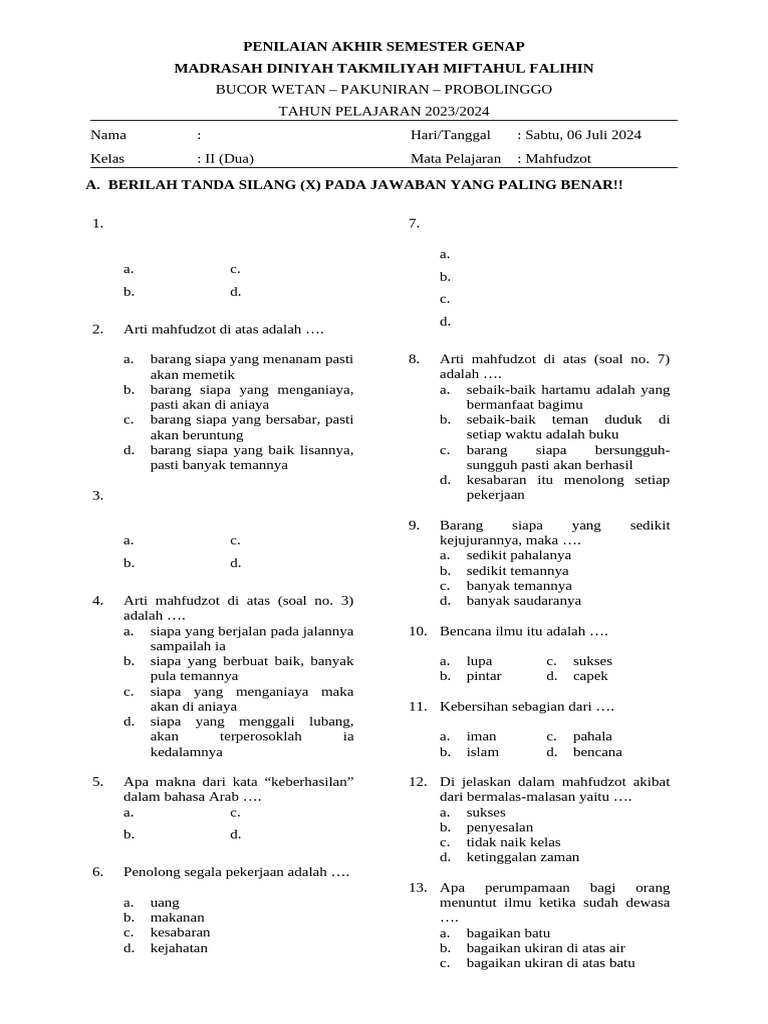Penilaian Mahfudzot Kelas II 2024 PDF Penilaian Mahfudzot Kelas II 2024 PDF