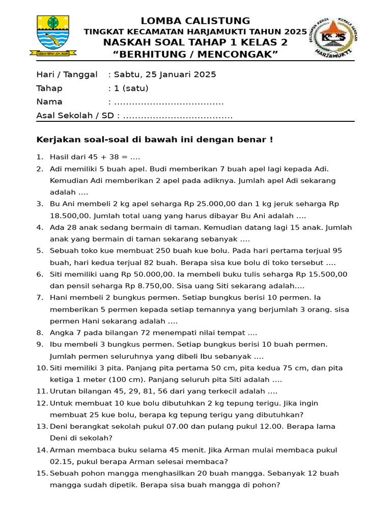 Soal Lomba Calistung Kelas 2 2025 PDF Soal Lomba Calistung Kelas 2 2025 PDF