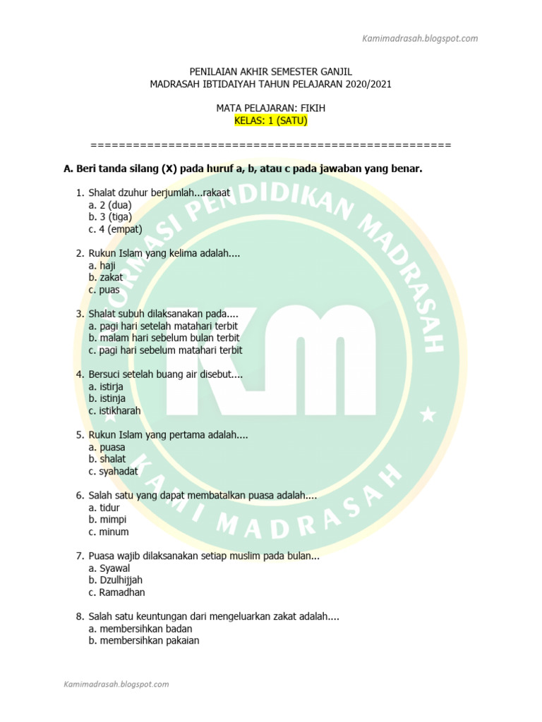 Soal Fikih Kelas 1 Madrasah Ibtidaiyah PDF