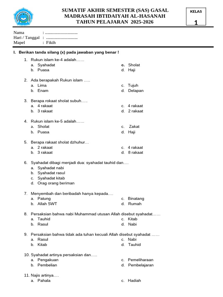 Akhirnya Terbongkar! Soal Fiqih Kelas 1 Madrasah Diniyah Hanapi Bani Akhirnya Terbongkar! Soal Fiqih Kelas 1 Madrasah Diniyah Hanapi Bani