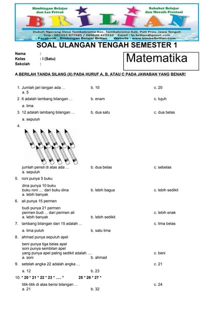 Soal UTS Matematika Kelas 1 SD Semester 1 Ganjil Dan Kunci Jawaban DOC Soal UTS Matematika Kelas 1 SD Semester 1 Ganjil Dan Kunci Jawaban DOC
