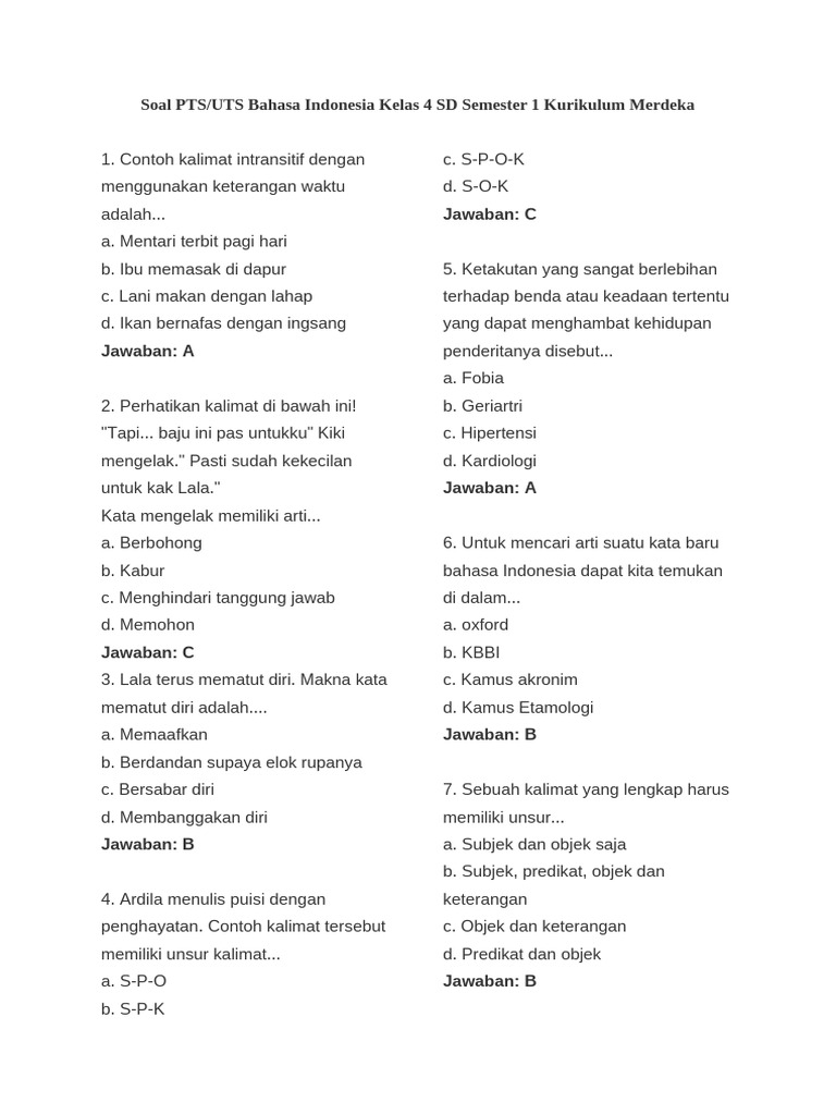 50 Contoh Soal PTS Bahasa Indonesia Kelas 4 Semester 1 Kurikulum Merdeka 2026 yang Wajib Dikuasai Siswa 50 Contoh Soal PTS Bahasa Indonesia Kelas 4 Semester 1 Kurikulum Merdeka 2026 yang Wajib Dikuasai Siswa