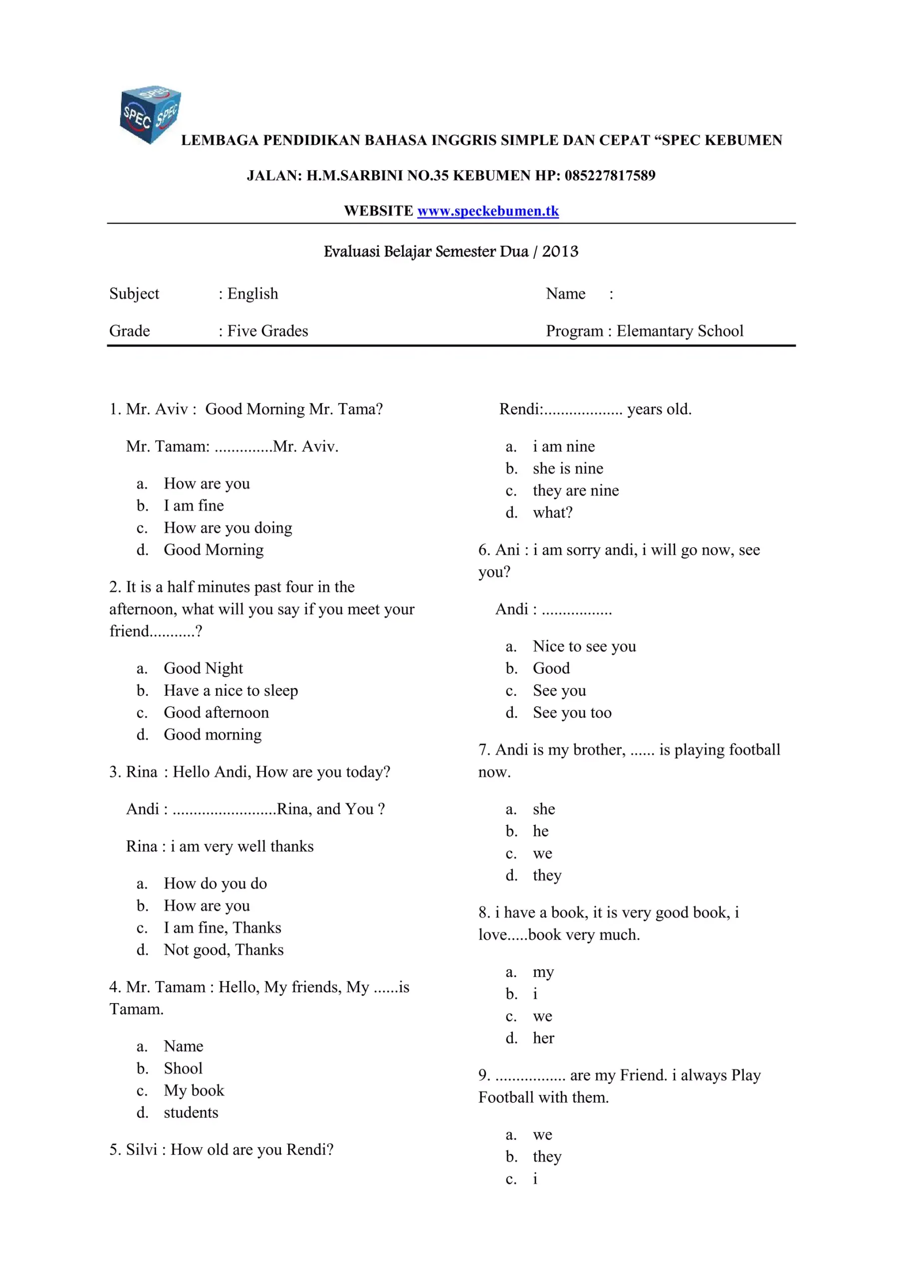 Soal bahasa inggris sd kelas 5 semester 2 PDF
