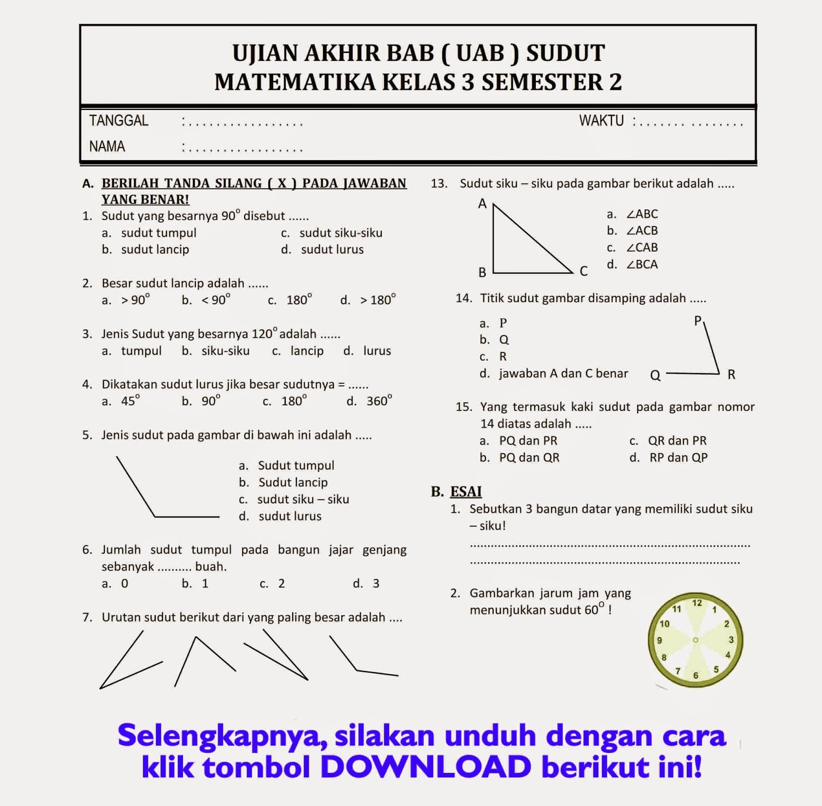 Persiapan Ulangan Semester 2 Kelas 3 SD Kumpulan Latihan Soal Persiapan Ulangan Semester 2 Kelas 3 SD Kumpulan Latihan Soal