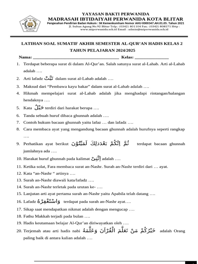 7 Contoh Soal PTS Alquran Hadist Semester 1 Kelas 2 yang Wajib Diketahui Sebelum Ujian! 7 Contoh Soal PTS Alquran Hadist Semester 1 Kelas 2 yang Wajib Diketahui Sebelum Ujian!