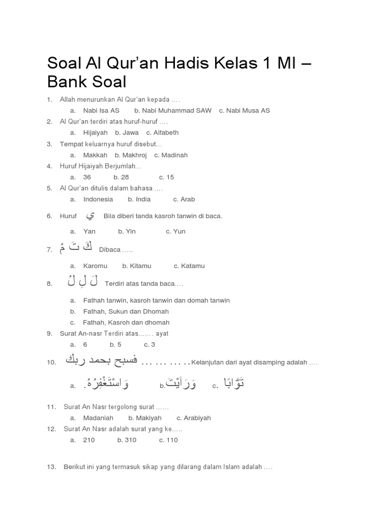 Soal Al Qur an Hadis Kelas 1 MI PDF Agama Spiritualitas Soal Al Qur an Hadis Kelas 1 MI PDF Agama Spiritualitas