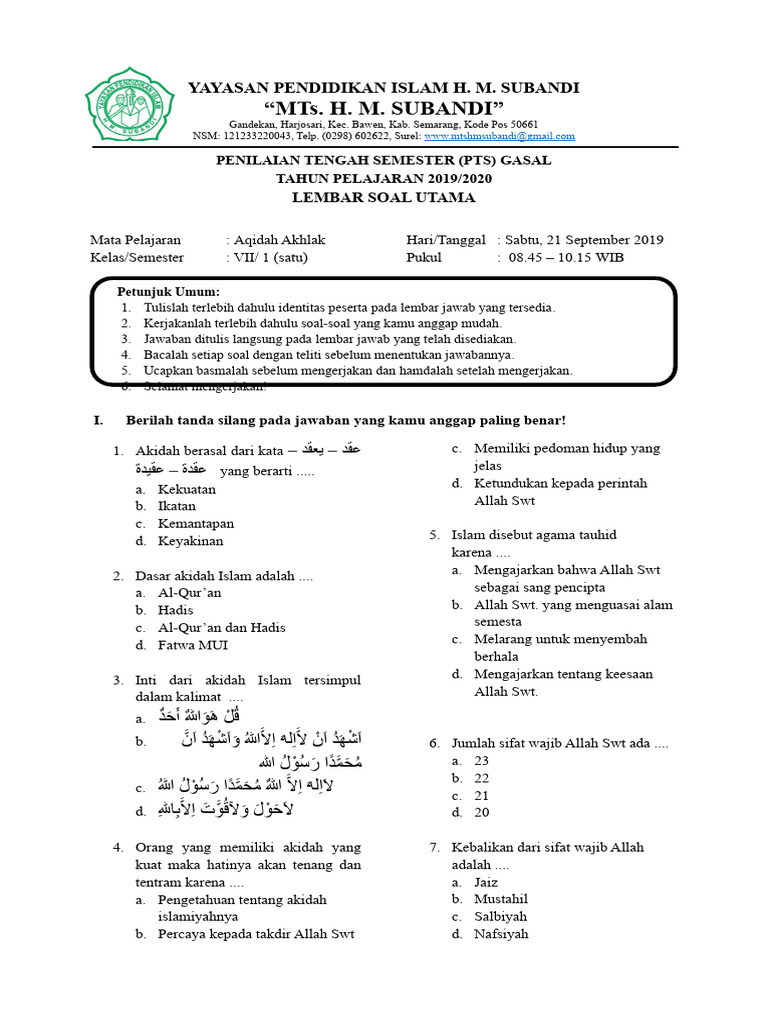 Jangan Sampai Salah Belajar, Ini Contoh Soal PTS Akidah Akhlak Semester 1 Kelas 7 yang Wajib Dikuasai Siswa Jangan Sampai Salah Belajar, Ini Contoh Soal PTS Akidah Akhlak Semester 1 Kelas 7 yang Wajib Dikuasai Siswa
