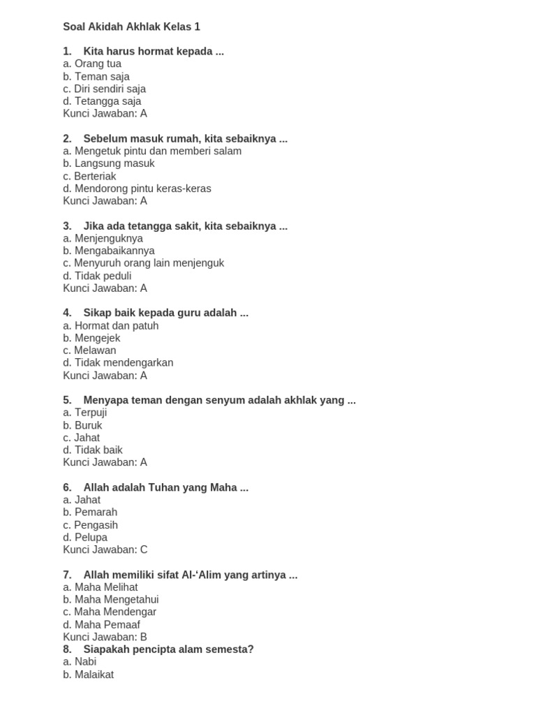 Jangan Sampai Salah Latihan, Ini Kumpulan Contoh Soal PTS Akidah Akhlak Semester 1 Kelas 1 yang Wajib Diketahui