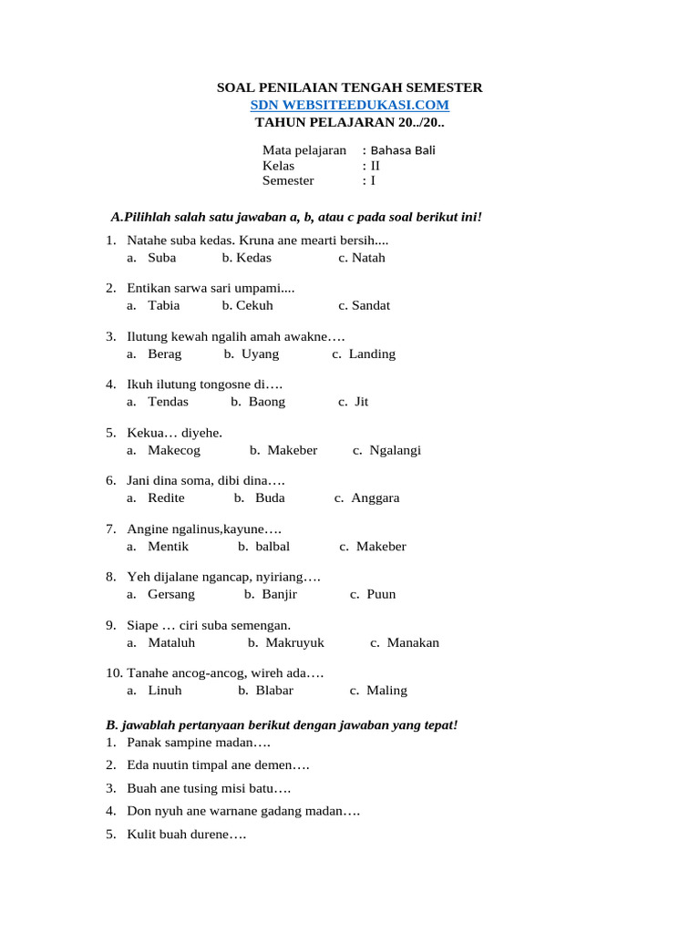 Terbukti! 7 Contoh Soal PTS Bahasa Bali Kelas 2 Semester 1 yang Bikin Nilai Naik Sekarang Terbukti! 7 Contoh Soal PTS Bahasa Bali Kelas 2 Semester 1 yang Bikin Nilai Naik Sekarang