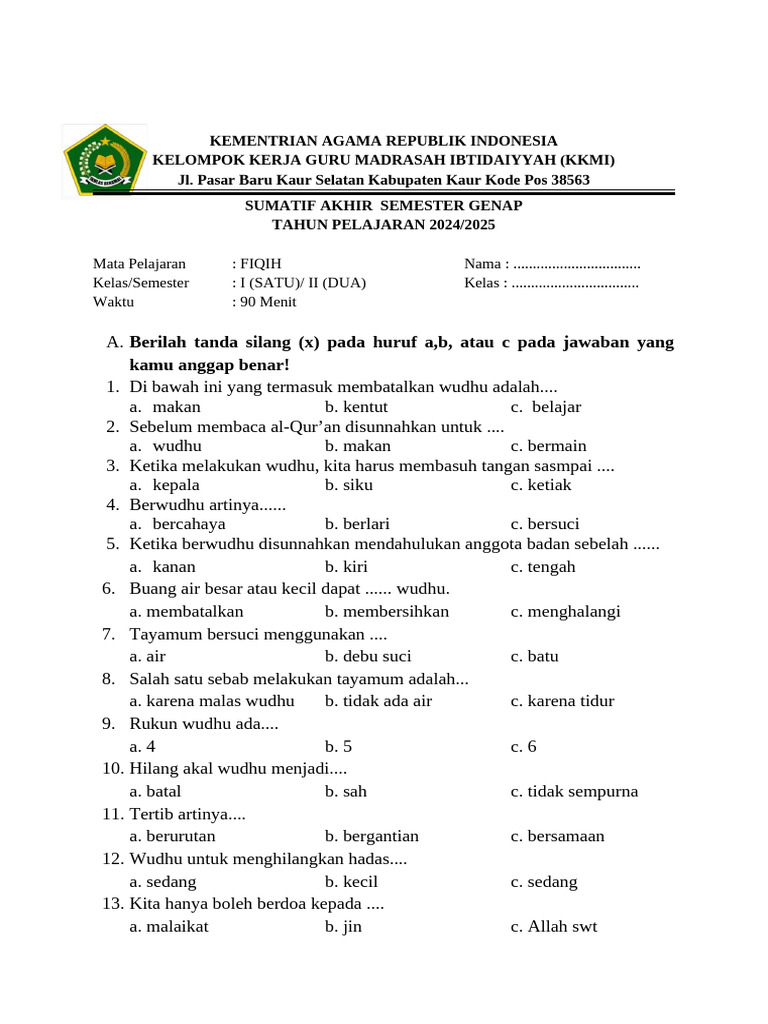 Soal Ujian Fiqih Kelas 1 Semester 2 PDF Soal Ujian Fiqih Kelas 1 Semester 2 PDF