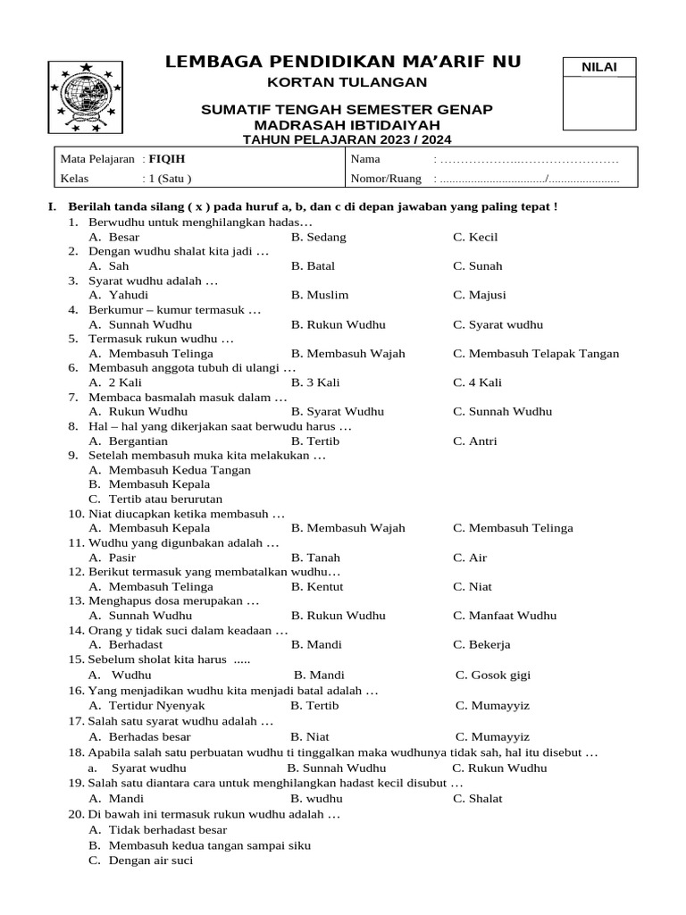 Ternyata Ini Dia Soal Fiqih Kelas 1 Semester 2 Wudhu yang Sering Bikin Siswa Salah Jawab, Wajib Tahu! Ternyata Ini Dia Soal Fiqih Kelas 1 Semester 2 Wudhu yang Sering Bikin Siswa Salah Jawab, Wajib Tahu!