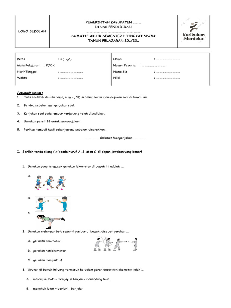 soal pjok kelas 3 semester 1 pdf