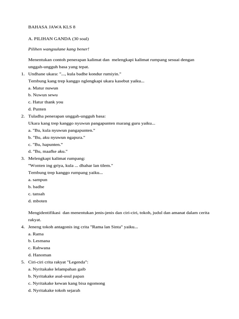 Rahasia Lulus Ujian dengan Kumpulan soal bahasa jawa kelas 8 semester 1 Terbaru Rahasia Lulus Ujian dengan Kumpulan soal bahasa jawa kelas 8 semester 1 Terbaru