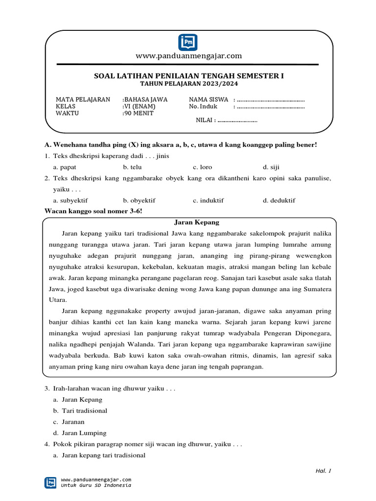 Wajib Tahu Bocoran Soal Bahasa Jawa Kelas 6 UAS Semester 1 Agar Nilai Sempurna Wajib Tahu Bocoran Soal Bahasa Jawa Kelas 6 UAS Semester 1 Agar Nilai Sempurna